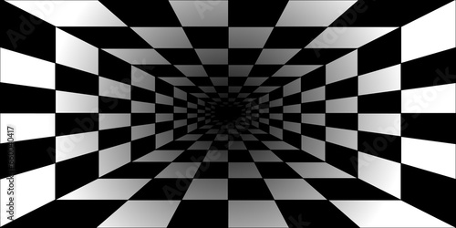 abstract background black and white checker interior room. flag finish race sport 3d illustration, tiled mosaic. surface at an angle in the form of a chessboard.