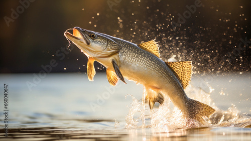Fresh water pike fish jumping out of the water. Fishing concept. Background with selective focus. 