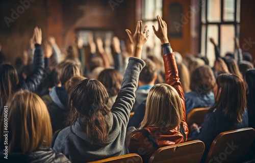 view from behind a group of students raising their hands during a conversation in a classroom,.
