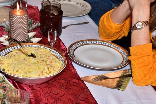 Obraz na płótnie Traditional Christmas dishes on the table at the beginning of Christmas dinner in Slovakia w salonie