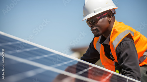 African American technician meticulously inspecting the maintenance of solar panels at a solar station. Generative AI