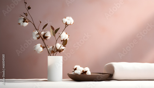 Vaso de flor com uma toalha em uma mesa branco com um fundo moderno e aconchegante em tons de rosa. Tem espaço para texto