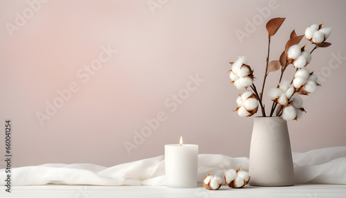 Vaso de flores e velas e uma mesa branca com um fundo moderno e tons de bege tornando a imagem charmosa e relaxante. Com espaço para texto