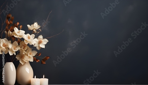 Vaso de flores e velas com um fundo moderno e tons de cinza tornando a imagem charmosa e cheia de estilo. Com espaço para texto