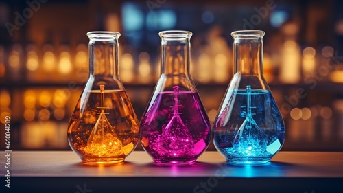 Bulb for the chemical sector with a test tube background in blue and magenta,. photo