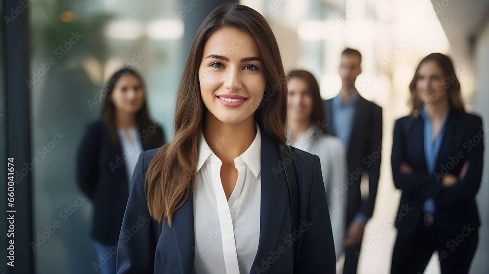 Young smiling businesswoman standing in front of team, smiling at camera, Generative AI Young smiling businesswoman standing in front of team, smiling at camera, Generative AI