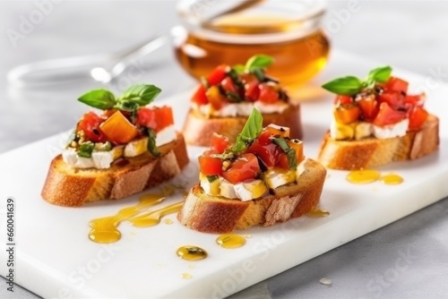 brightly lit bruschetta with honey on marble slab