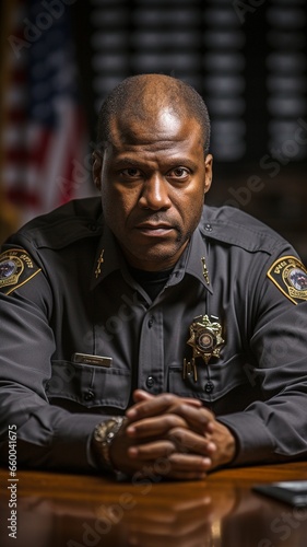 a close-up of a black man in handcuffs sitting at a table inside a police station.