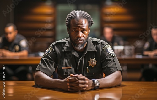 a close-up of a black man in handcuffs sitting at a table inside a police station.