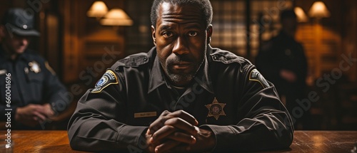 a close-up of a black man in handcuffs sitting at a table inside a police station. photo