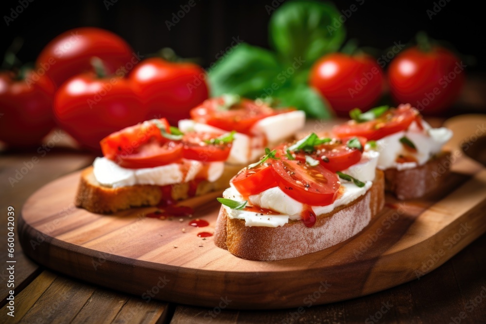 sliced mozzarella on tomato bruschetta on a wooden plank