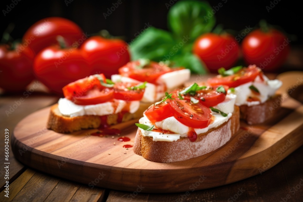 sliced mozzarella on tomato bruschetta on a wooden plank sliced mozzarella on tomato bruschetta on a wooden plank