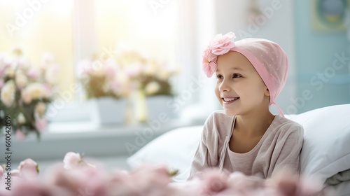 Portrait of the girl patient after chemotherapy girl fighting cancer wearing head scarf Childhood cancer awareness