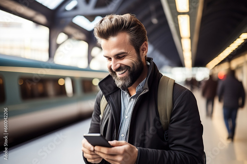Connected Commute Smiling Bearded Man Engrossed with Smartphone at a Vibrant Train Station. created with Generative AI