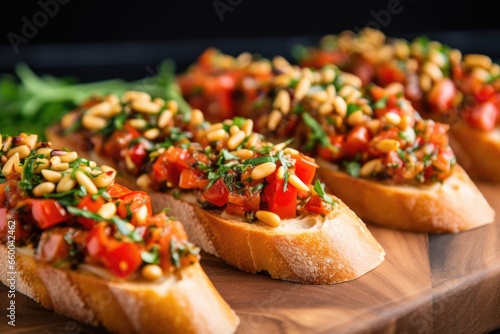neat row of identical bruschettas each sprinkled with a few pine nuts