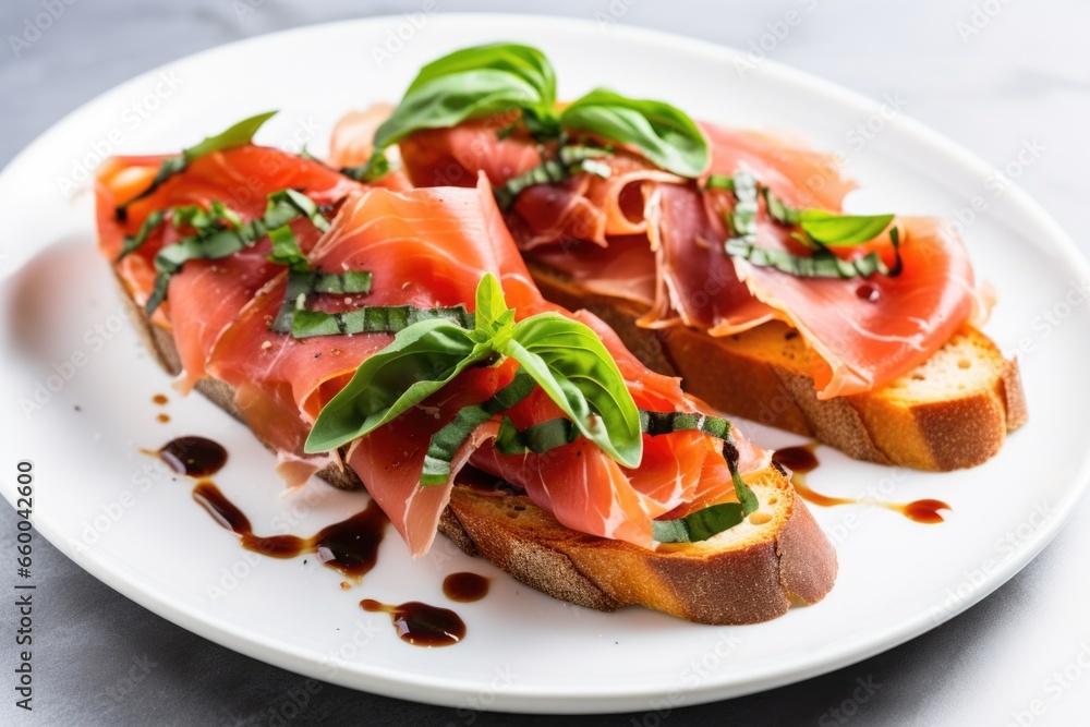 prosciutto bruschetta garnished with basil leaves on a white plate prosciutto bruschetta garnished with basil leaves on a white plate