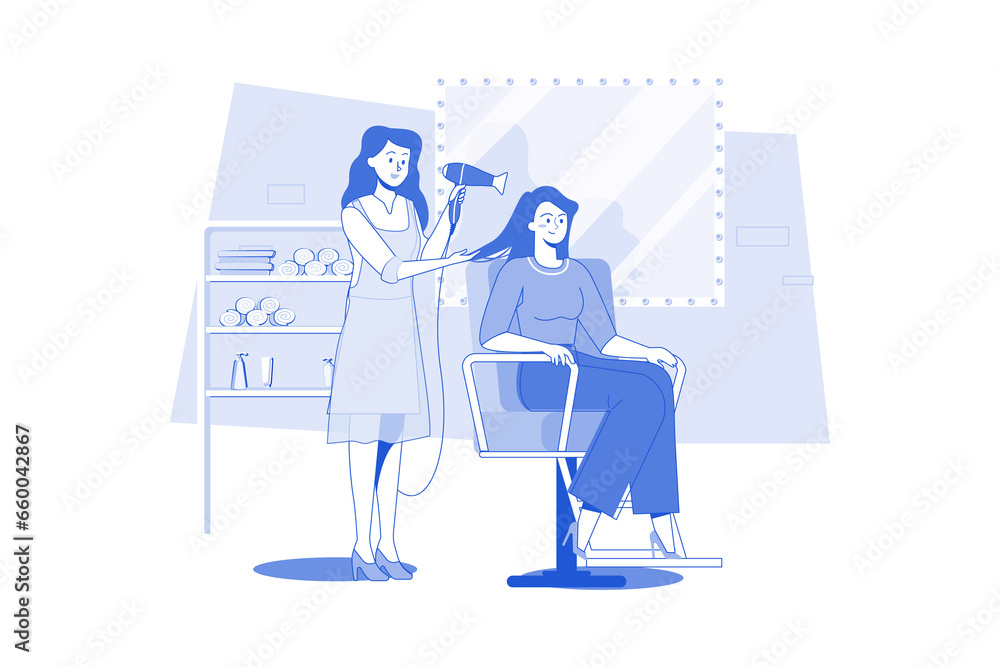 Hairdresser dry a new hairstyle for a customer at a hair salon. Hairdresser dry a new hairstyle for a customer at a hair salon.