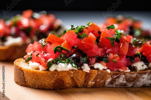 cross-section of bruschetta with ricotta, showing texture details
