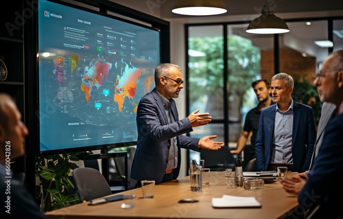 A diverse group of businesspeople is gathered for a meeting in a high-tech IT office, looking at a data-filled digital board..