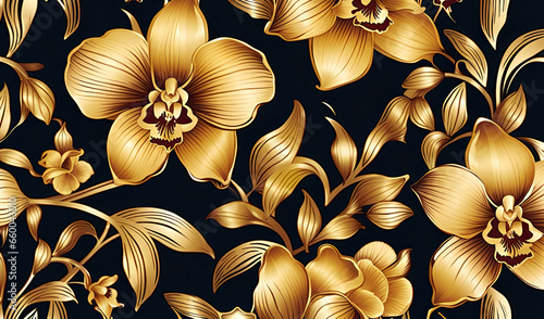 Golden orchids luxury seamless floral on a black background. Tropical flowers texture for design. Wallpaper, wedding, invitation, fabric, card, cover, prints concept.Generative AI