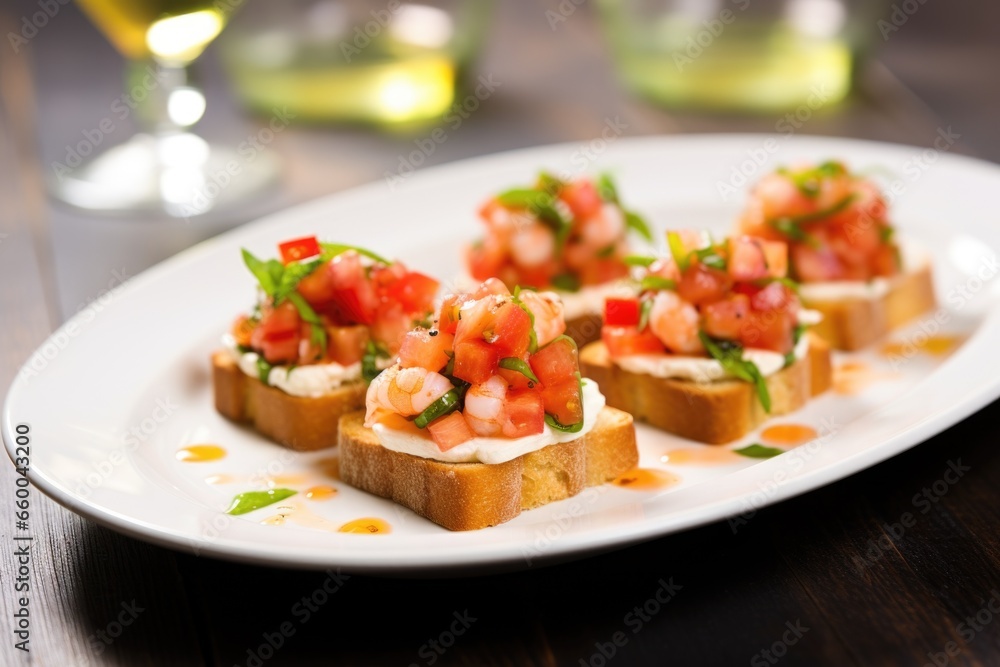 miniature style shrimp bruschetta served on a rectangular plate