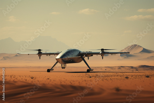 Amidst the vast desert sands, a military drone takes off, its sleek design and advanced technology poised for reconnaissance and surveillance missions. 