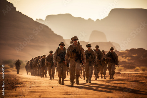 In the scorching desert sun, a squad of soldiers marches in perfect formation, their uniforms glistening with sweat as they traverse the arid landscape. 