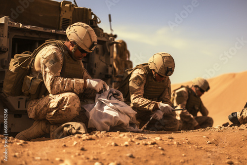 Amidst the golden desert sands, a team of medics tends to injured soldiers, their desert camouflage uniforms contrasting with the starkness of the arid terrain.  photo