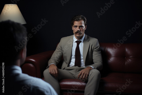 European middle aged man with a mustache in the office of a psychologist in support of men's health and the movember community