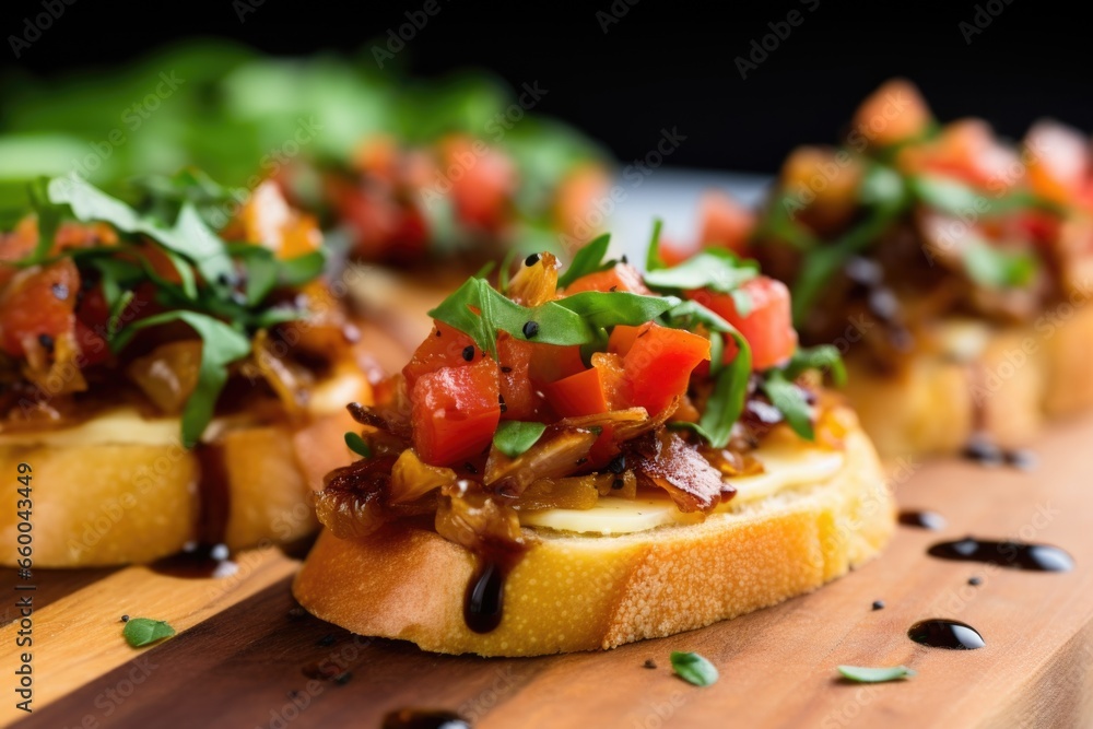 close-up of bruschetta with smoked gouda on a bread board