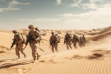 Surrounded by endless sand dunes, a group of soldiers in uniform conducts a search and rescue operation, their unwavering determination evident in their expressions. 
