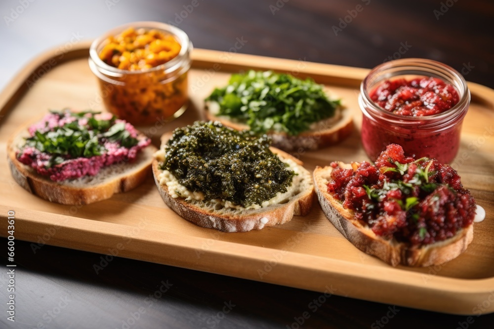 bruschetta trio with zaatar, tahini, and beet spread on a tray