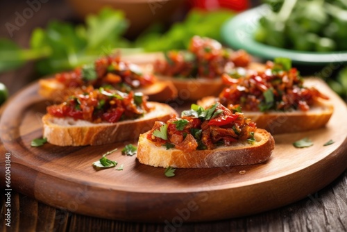 sun-dried tomato bruschetta garnished with parsley on rustic wooden plate