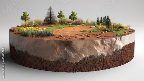 Earth land Soil layers 3D Illustration round soil ground cross section float landscape fantasy floating island.