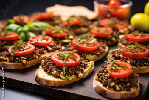 close-up image of bruschetta with tapenade arranged in a circle