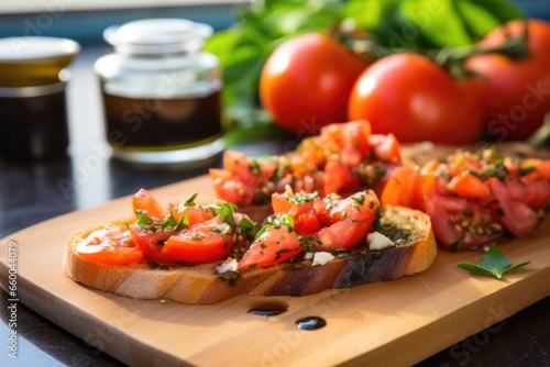 bruschetta with truffle oil next to sliced tomatoes