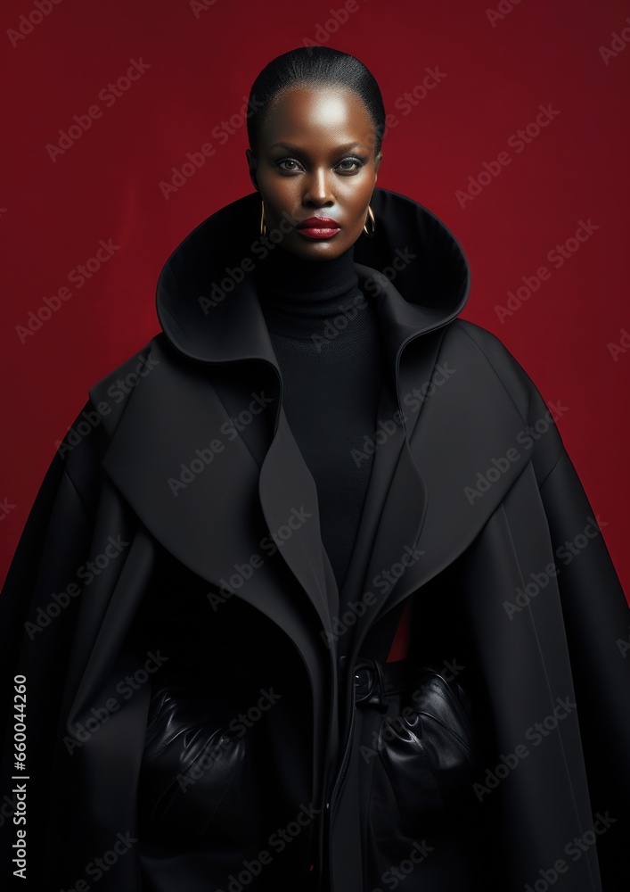 Black African girl model wearing an oversized jacket. Black, red, and burgundy color outfits. Spring Summer fashion collection Black African girl model wearing an oversized jacket. Black, red, and burgundy color outfits. Spring Summer fashion collection