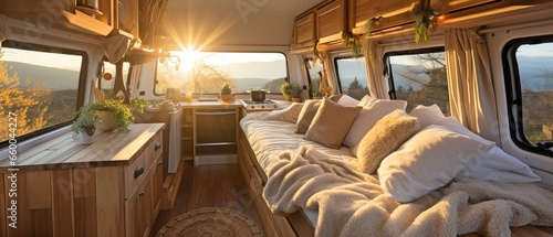 With a bed and soft throw cushions, a caravan van's interior is simple.. © tongpatong