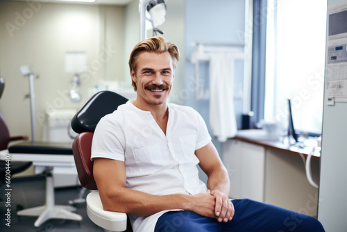 Smiling young european man with a mustache at a doctor's consultation in a hospital in support of men's health and movember community