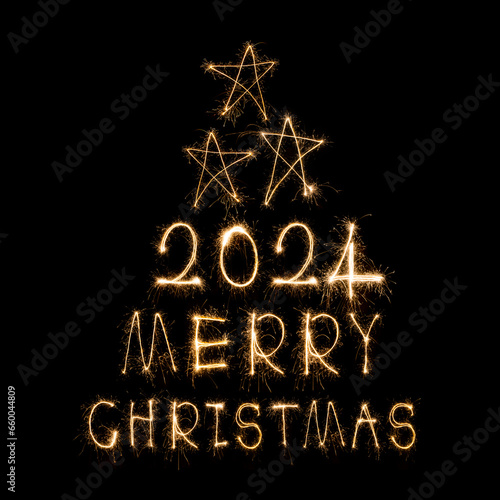 Happy New Year 2024. Sparkling burning text Happy New Year 2024 isolated on black background.