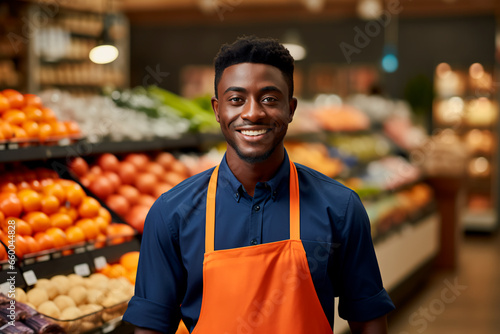 A handsome male supermarket worker on a background of fresh vegetables and fruits.
