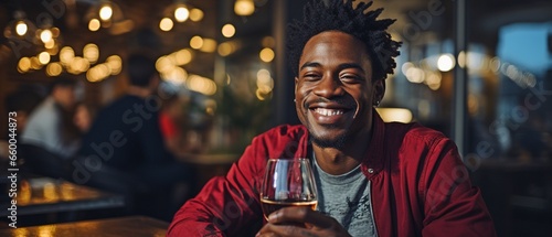 Portrait of a self-assured young Black man grinning at the camera while sitting on a couch and drinking red wine.. photo