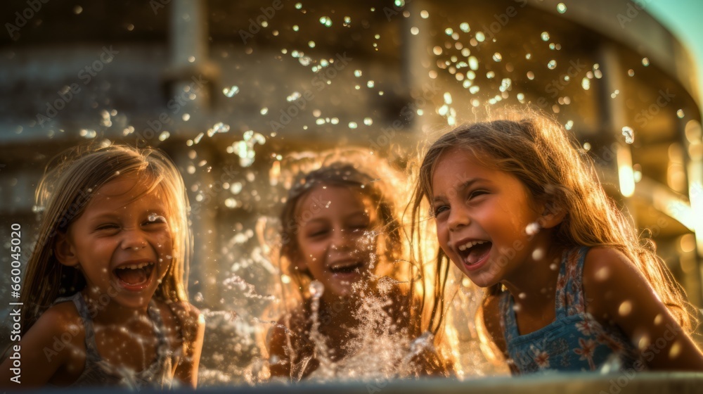 Happy children having fun in a water fountain on a hot summer day Happy children having fun in a water fountain on a hot summer day