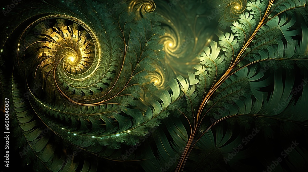 Fractal inspired by dense rainforests, with a color palette of deep greens, golds, and earthy browns. - obrazy, fototapety, plakaty 