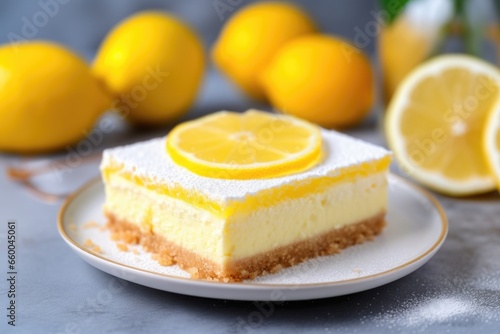 lemon cheesecake slice with a lemon slice on top