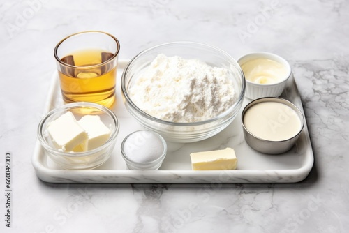deconstructed cheesecake ingredients on a marble surface