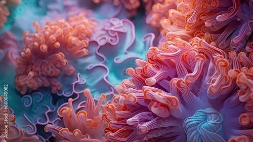 Fractal patterns found in coral reefs  drawing from vibrant oranges  pinks  and turquoise.