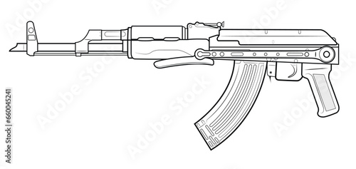 Vector illustration of AK47 assault carbine with folded steel stock. Left side.