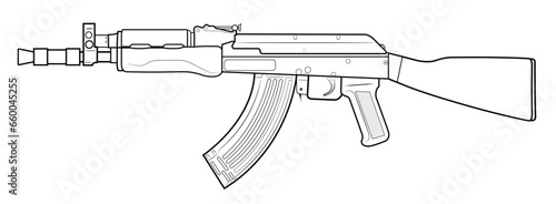 Vector illustration of AK47 soviet assault rifle with short barrel an wooden stock. Left side.