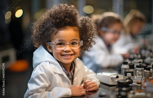 In a school science class, a smiling black girl wearing a lab coat and safety glasses is captured glancing at the camera.. photo